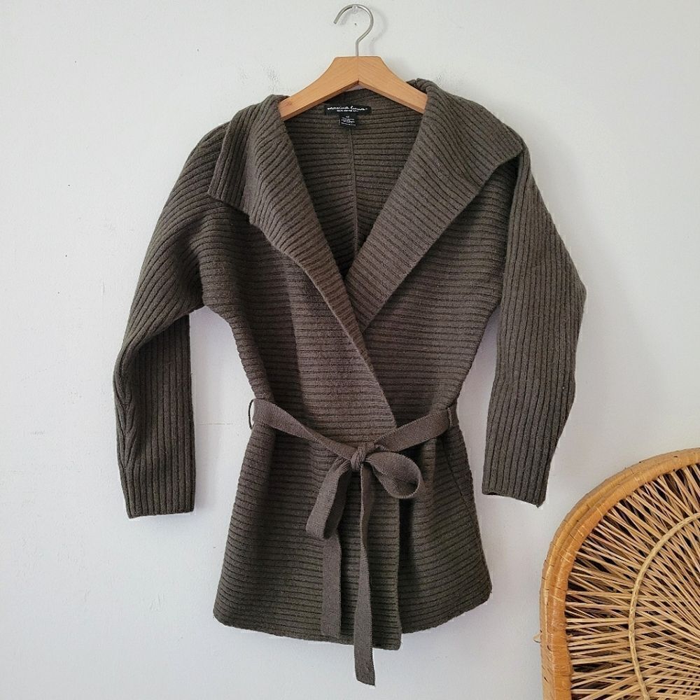 Marina Luna 100% Merino Wool Ribbed Knit Tie Cardigan Olive Green M